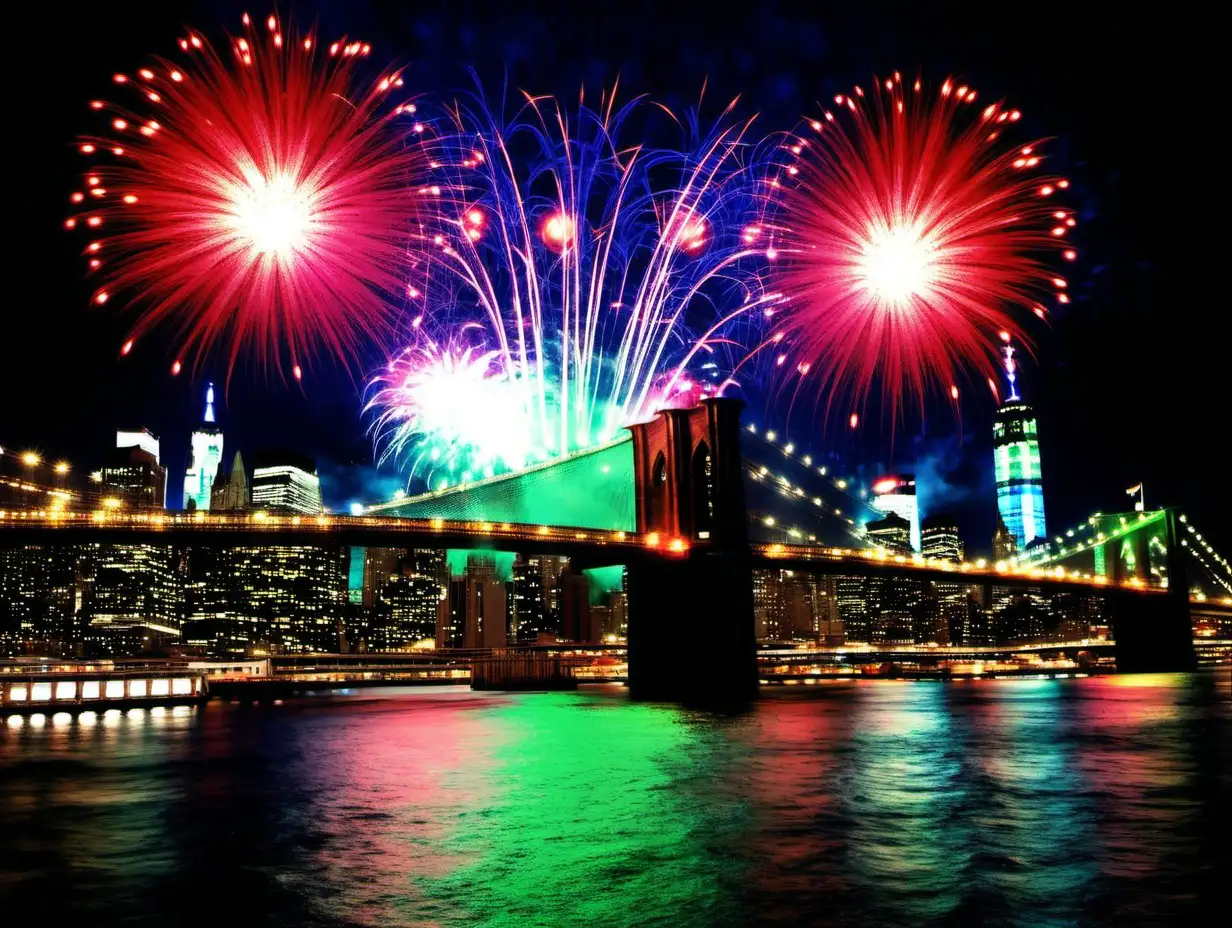  NYE red blue & green fireworks at the Brooklyn Bridge