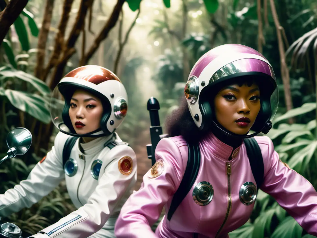 a chinese woman model and a black woman model looking focused speeding on motorcycles through jungle pandora planet, wearing retro classy space helmets and space suits with orchid logo, dreamy colors, soft light, vintage fujifilm 35mm
