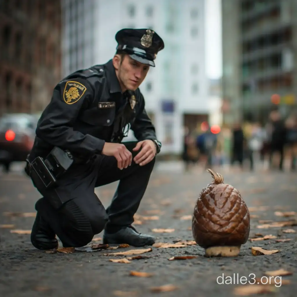 Police office kneeling on an acorn 