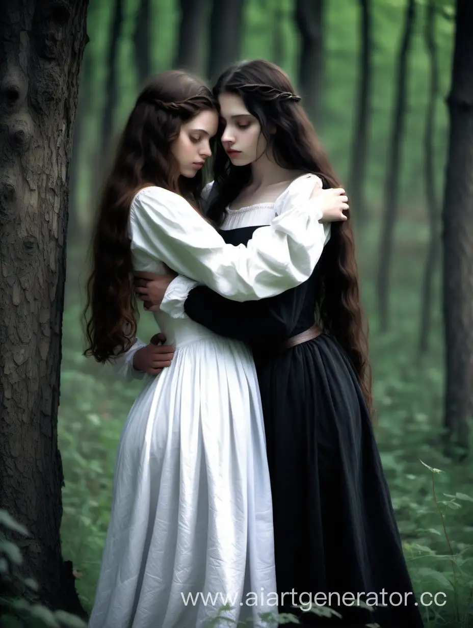 Medieval-Girls-Embracing-Amid-Forest-Trees