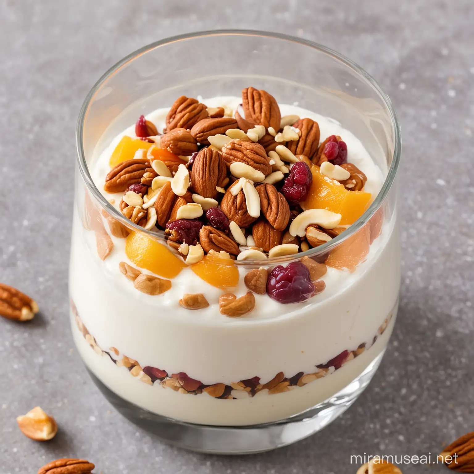 a glass  with chopped fruit at the bottom ,creamy yogurt Yogurt on top of it and  Top with nuts 