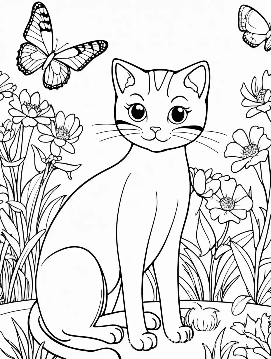 butterfly plays with the cats, Coloring Page, black and white, line art, white background, Simplicity, Ample White Space. The background of the coloring page is plain white to make it easy for young children to color within the lines. The outlines of all the subjects are easy to distinguish, making it simple for kids to color without too much difficulty