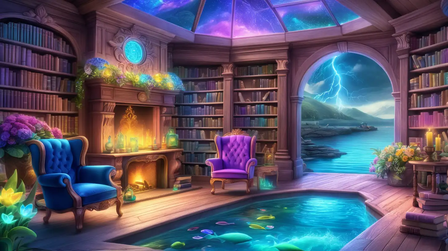 Enchanting Library with Magical Potions and Books Leading to Cozy Fireplace by Glowing Flowers and Ocean