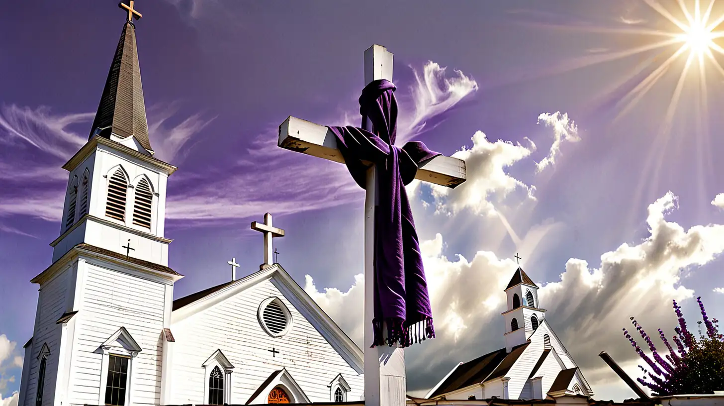 realistic photo of a cross with a purple scarf wrapped around it in front of an old white church with warm sunshine and no clouds in the sky
