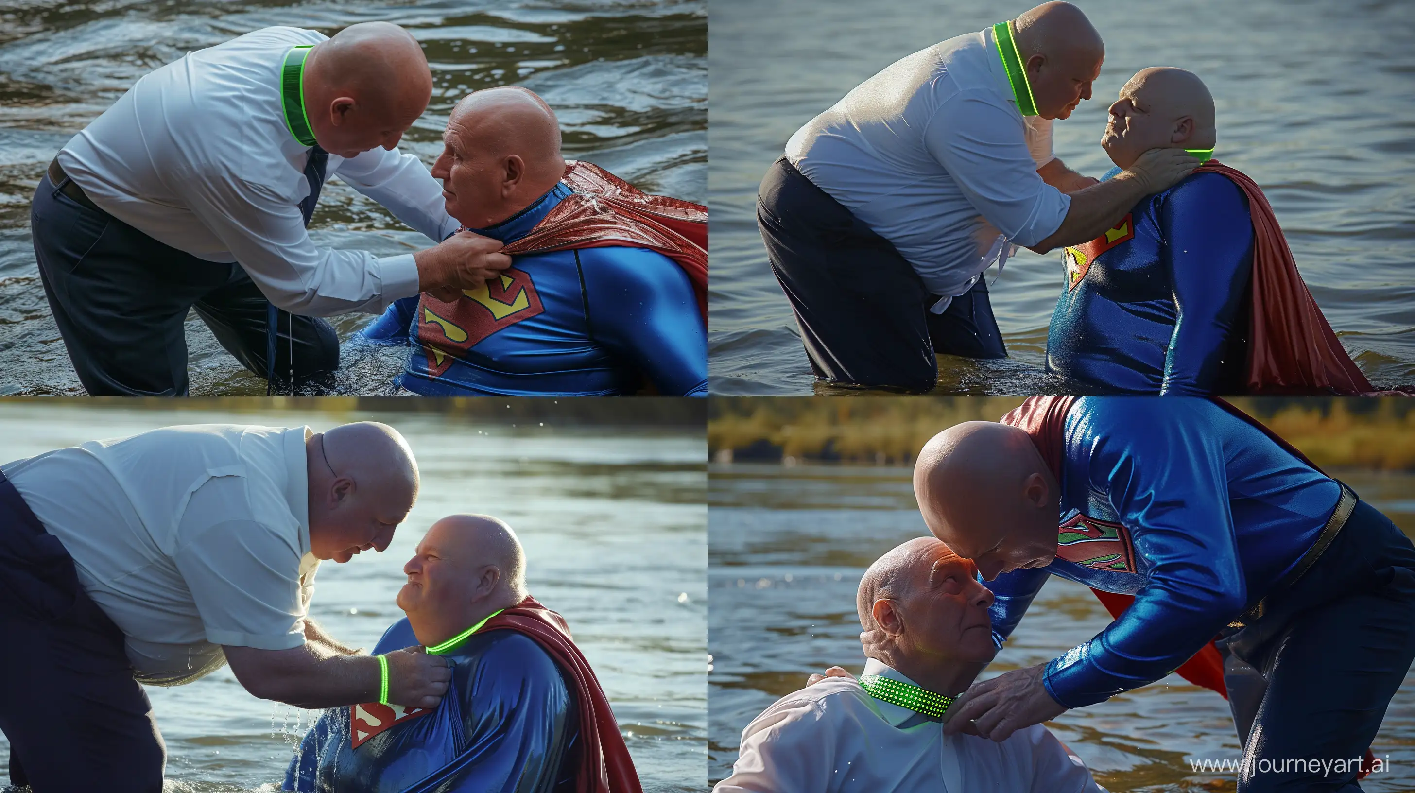 Close-up photo of a chubby man aged 60 wearing a silky navy business pants and a white shirt bending over and tightening a green shiny neon dog collar on the nape of a chubby man aged 70 sitting in the water and wearing a blue silky tight superman costume with a large silky red cape. River. Bald. Clean Shaven. --ar 16:9 --style raw