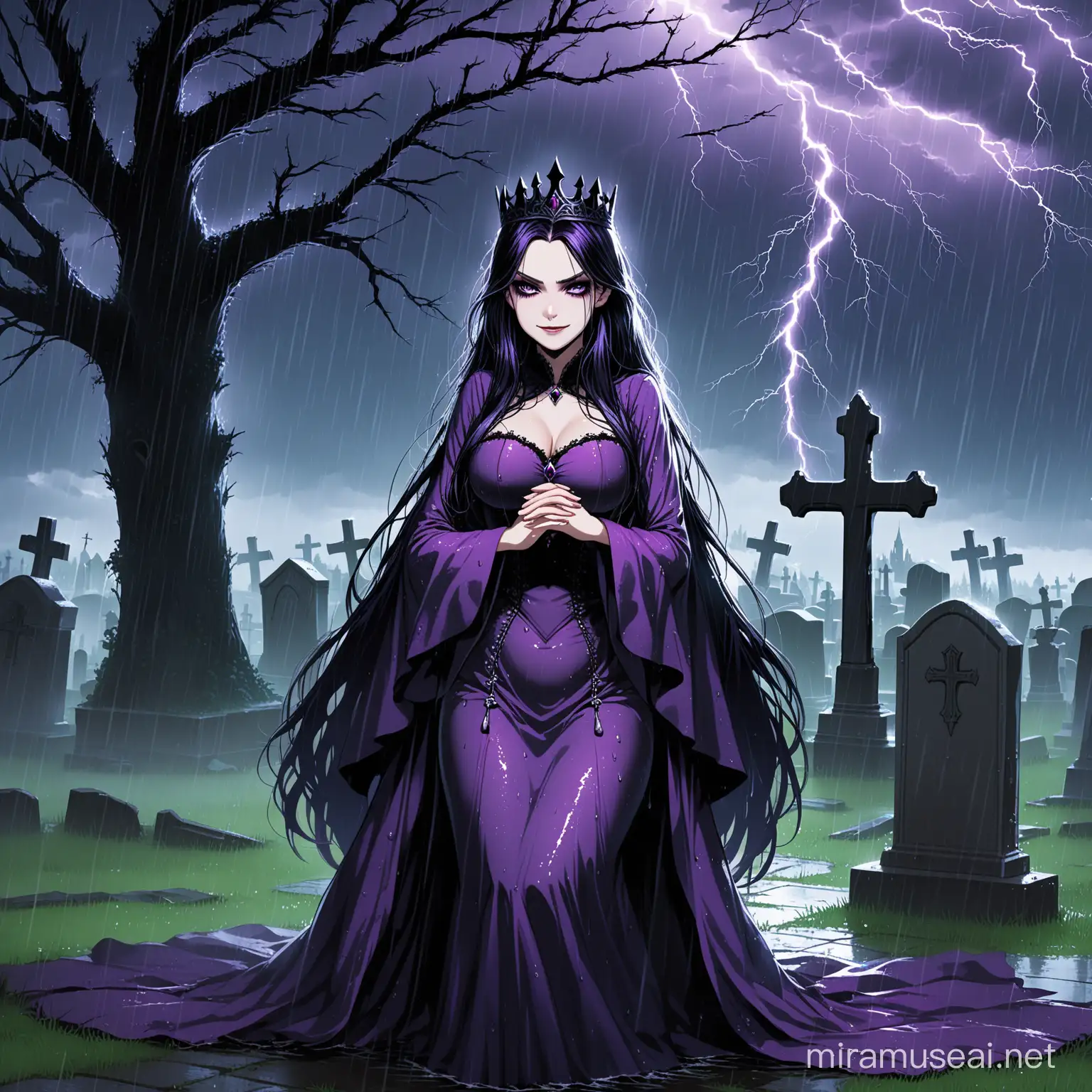 dynamic angle,dynamic pose,leaning on gravestone,cute evil queen,purple dress,wide sleeves,long sleeves,very long hair,graveyard,thunderstorm,rain,wet hair and clothes,evil smile,dead trees,church