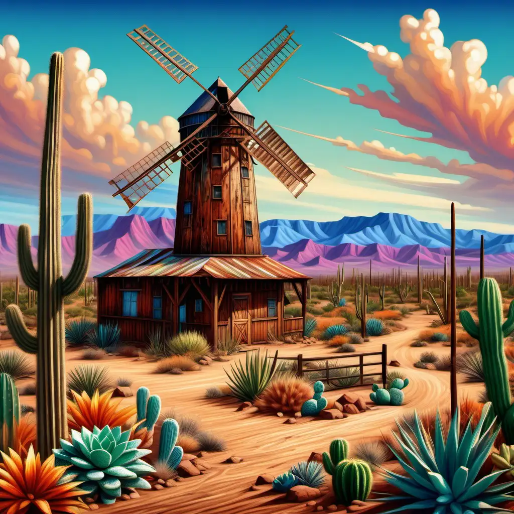 western art, rustic wooden barn, and gaurd tower, windmill with rusty metal tower, cacti, colorful desert flora and fauna, Hyperrealistic,  intricately detailed, color depth, dramatic, colorful background