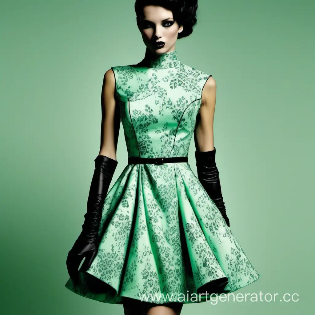 Beautiful mint dress, black gloves and dark mint patterns on the dress