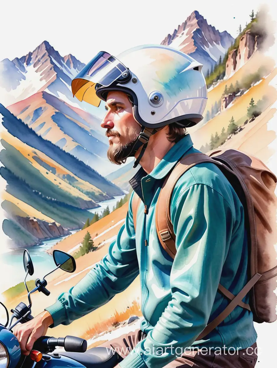 a man's head in profile in a helmet and on a helmet in the mountains on a moped rides in the mountains watercolor extreme style