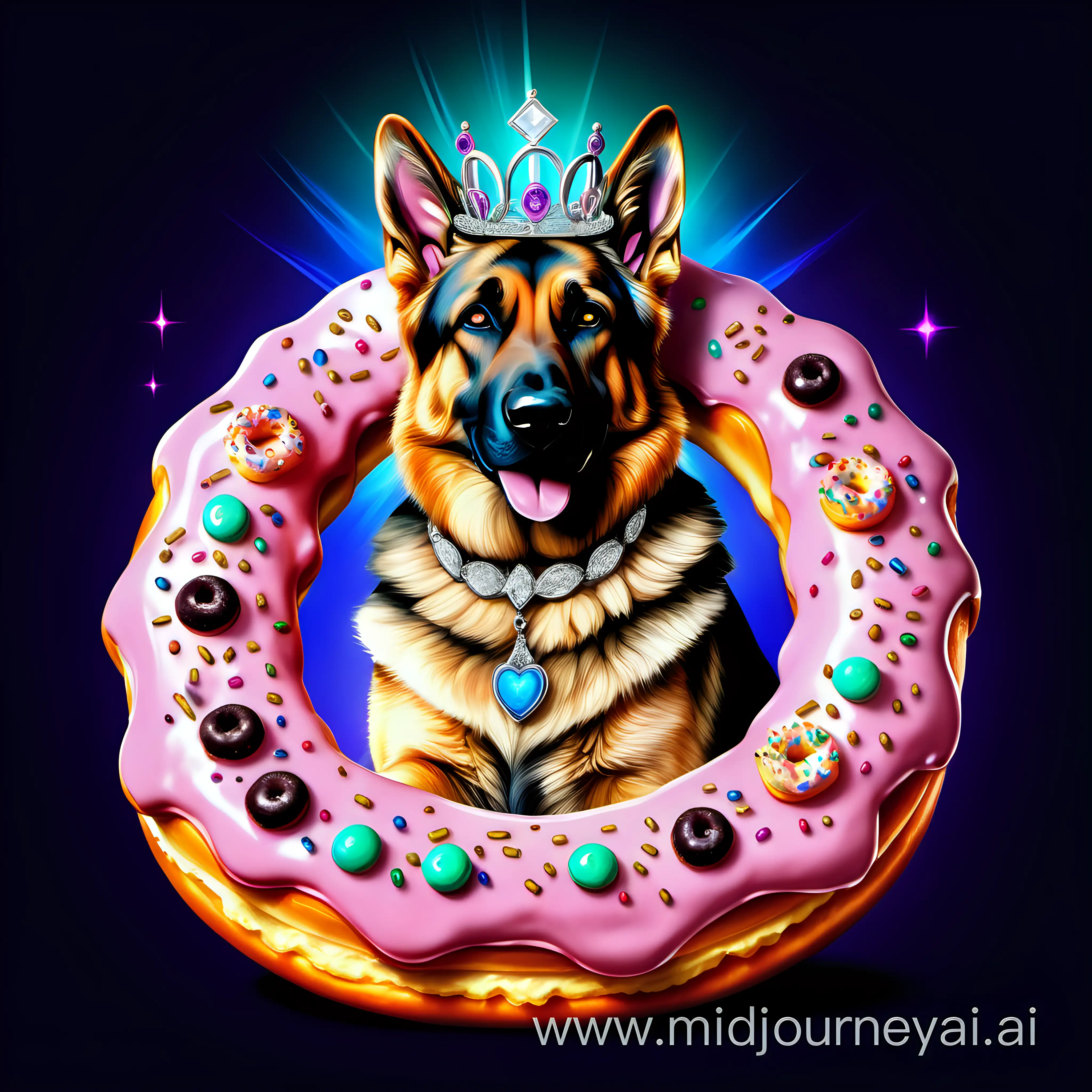 Fantasy themed Majestic German Shepherd glowing wearing jewelry and lording over a donut. Also wearing a tiara