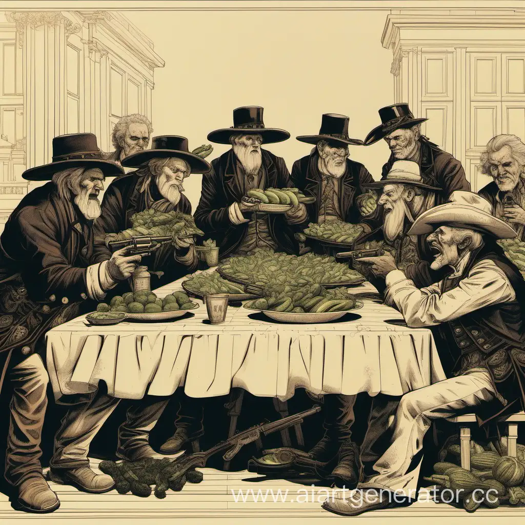 An artwork of nine gunslingers and elders eating zucchinis together. The work is infused with the idea of revenge and is done in a neoclassical style.