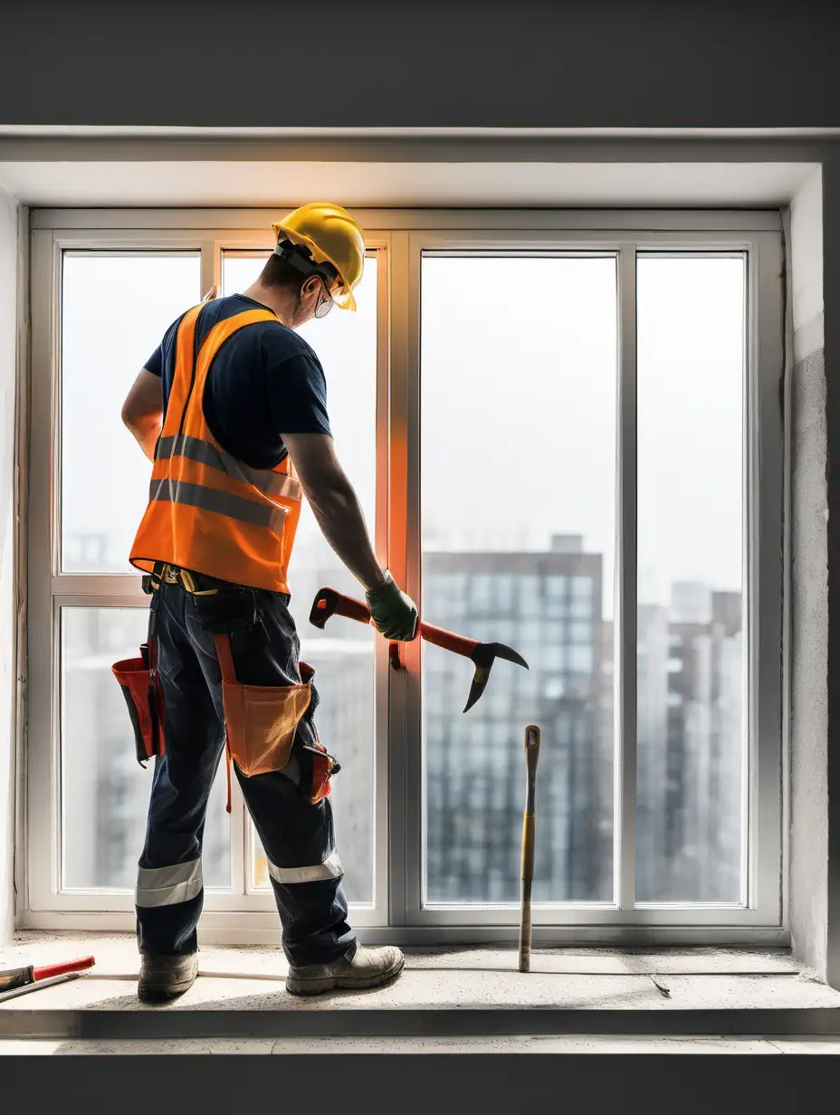Professional Window Installation with Safety Gear in Daylight