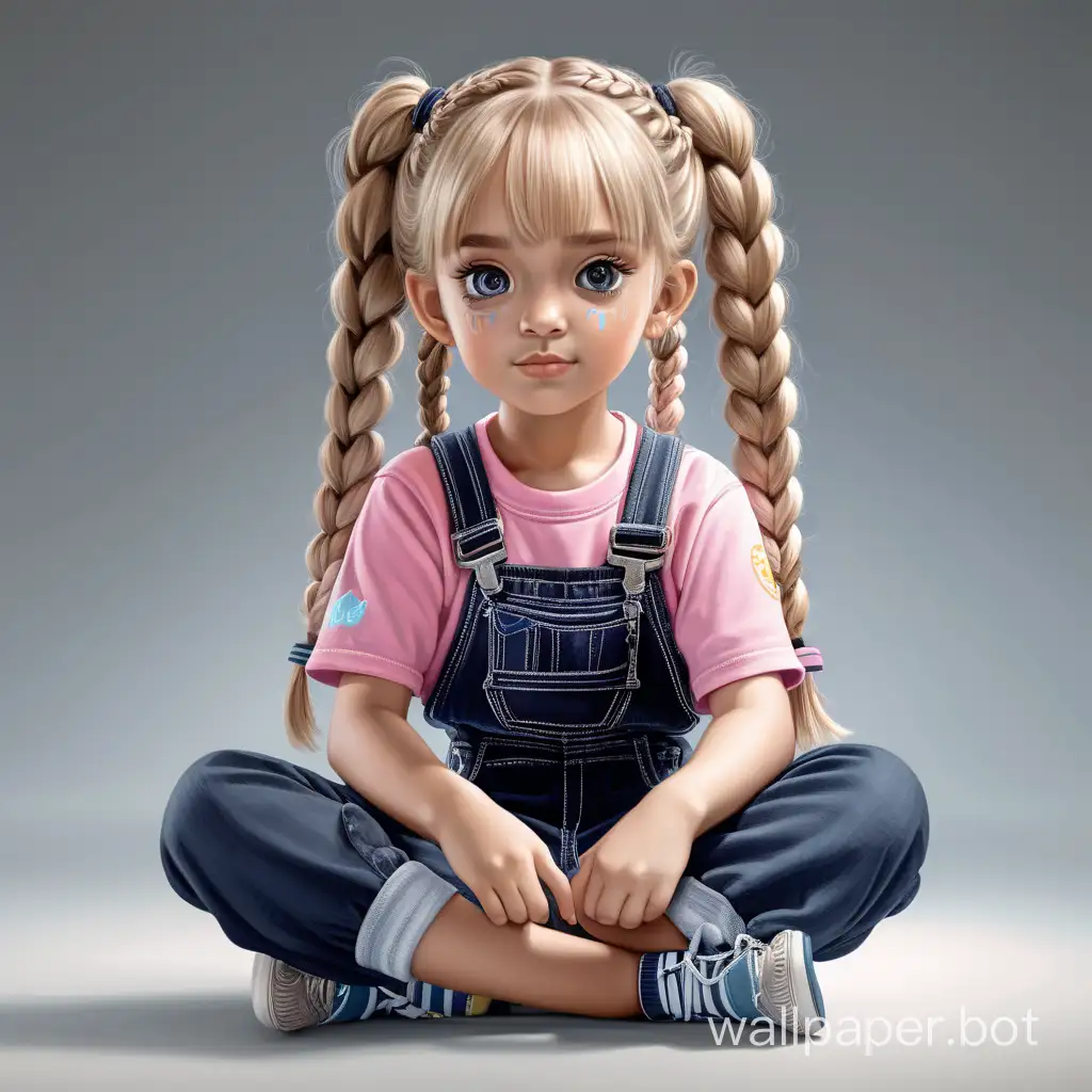 Realistic aesthetically pleasing Character - Cute playful 8-year-old girl with light hair, braided in 2 pigtails, sitting on the floor. Detailed reflective eyes, clothing - summer jumpsuit - detailed. Everything is proportionate anatomically and geometrically, especially the hands and legs. Sharpness. Soft colors, hyper-detailing, black background. Natural light.