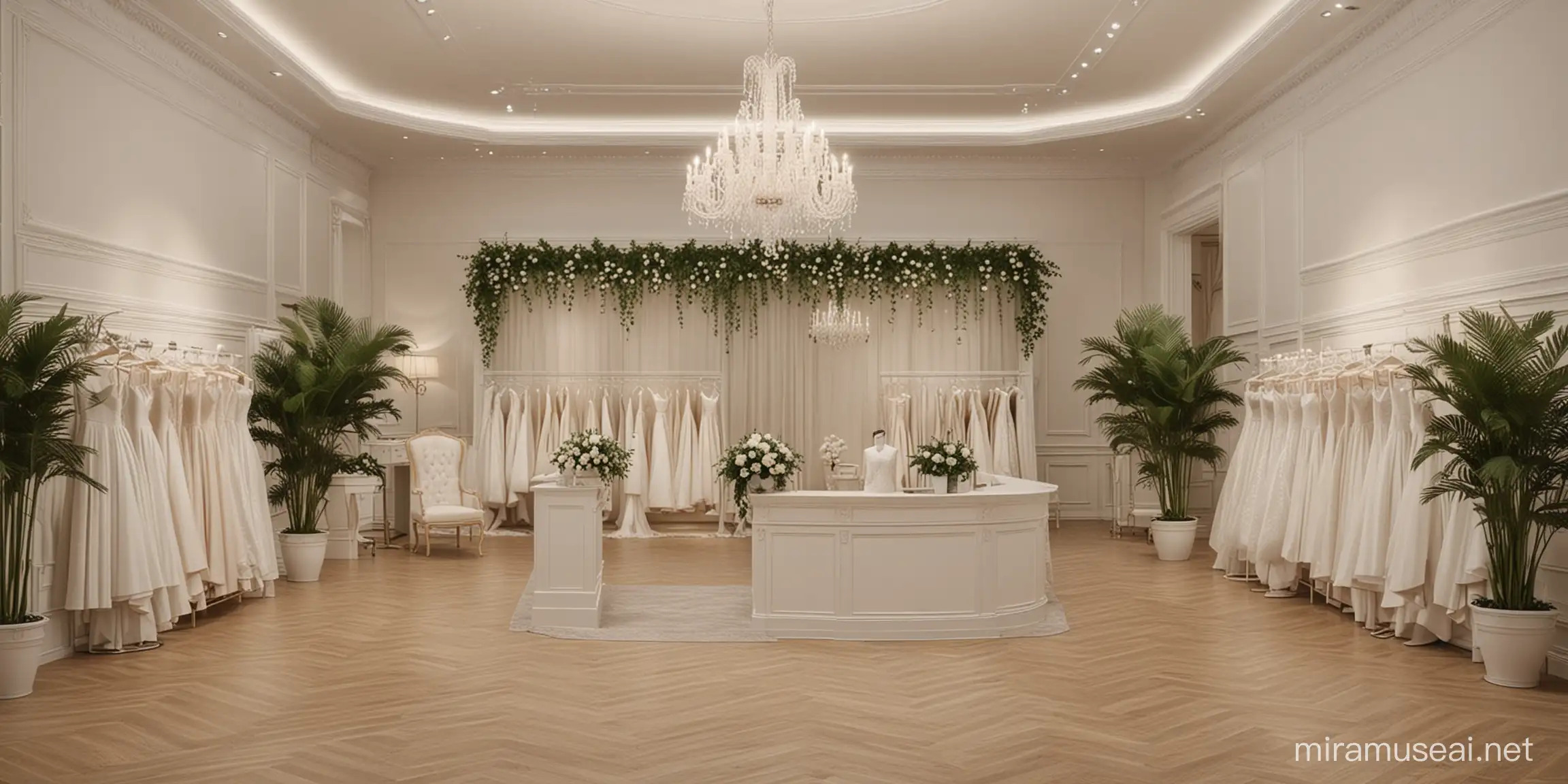  realistic luxurious  Elegant & Classic Wedding Dress Store Design.
with a welcome desk area,
 and a seating area.
with the area that we need to use for photo of the bride purchased the gown.
can move or build more dress hangers.
with small plants
