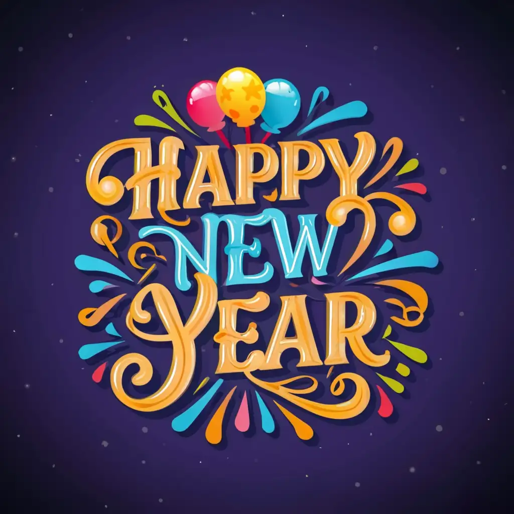 a logo design,with the text "Happy New Year", main symbol:colorful and stylish font
and balloons and colors,complex,be used in Events industry,clear background