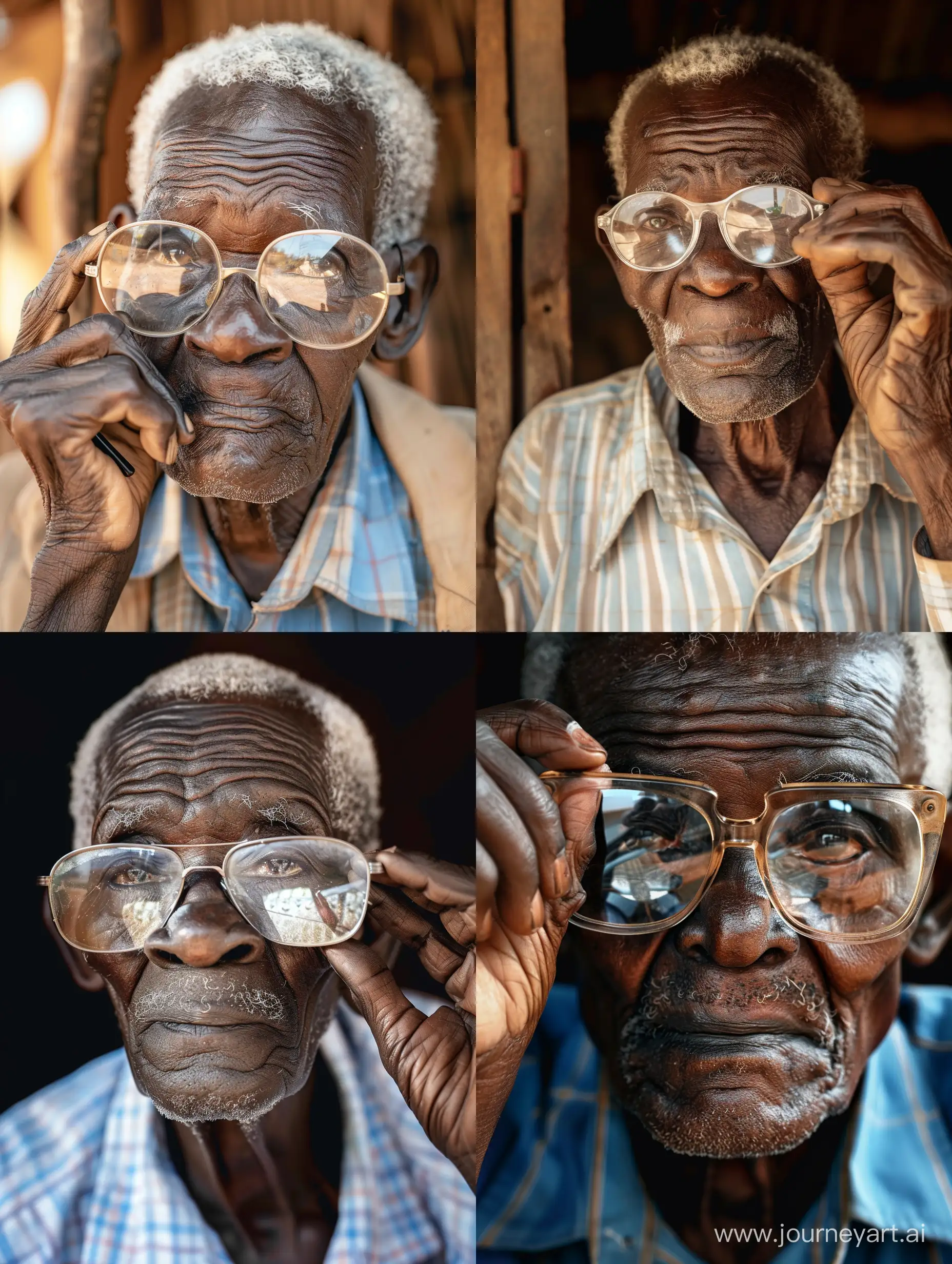 Old African man adjusting his slightly big, old clear and reflective reading glasses.