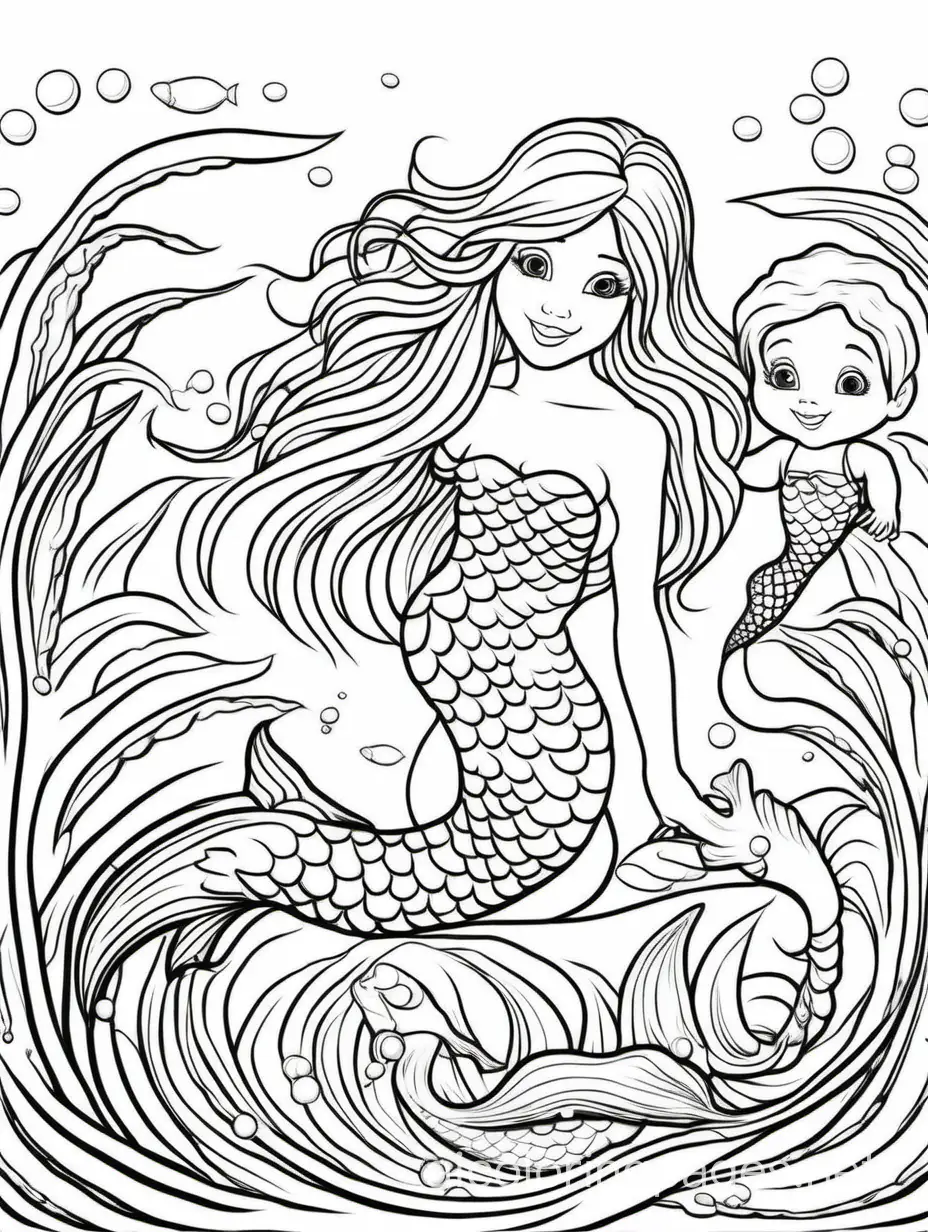 mermaid  for kids  ocean animals, Coloring Page, black and white, line art, white background, Simplicity, Ample White Space. The background of the coloring page is plain white to make it easy for young children to color within the lines. The outlines of all the subjects are easy to distinguish, making it simple for kids to color without too much difficulty