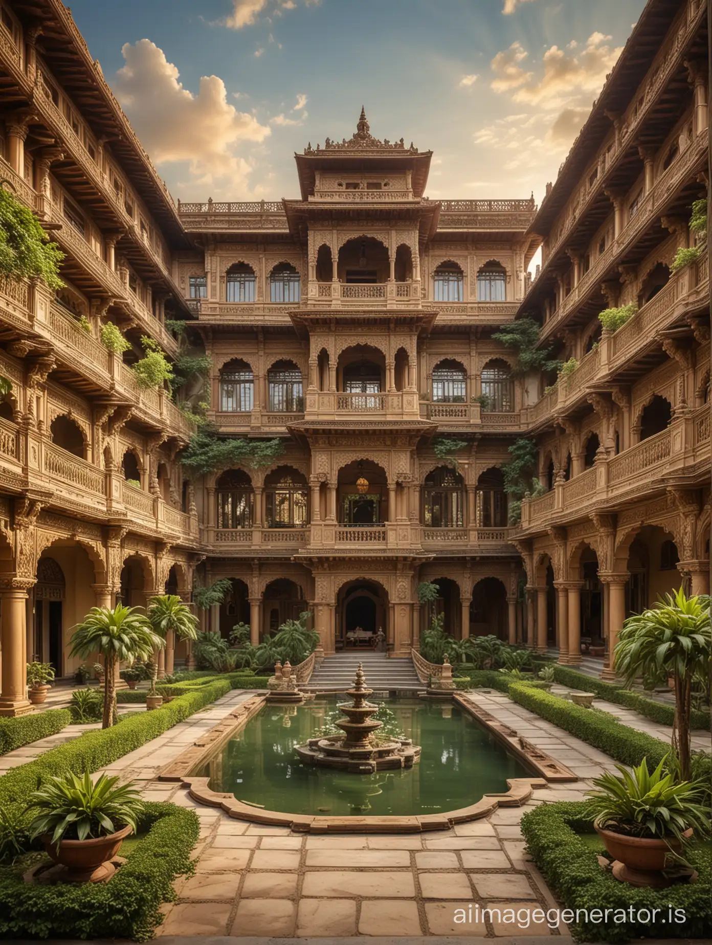 Generate an image of an opulent palace with lush gardens and ornate architecture, showcasing Siddhartha's luxurious lifestyle