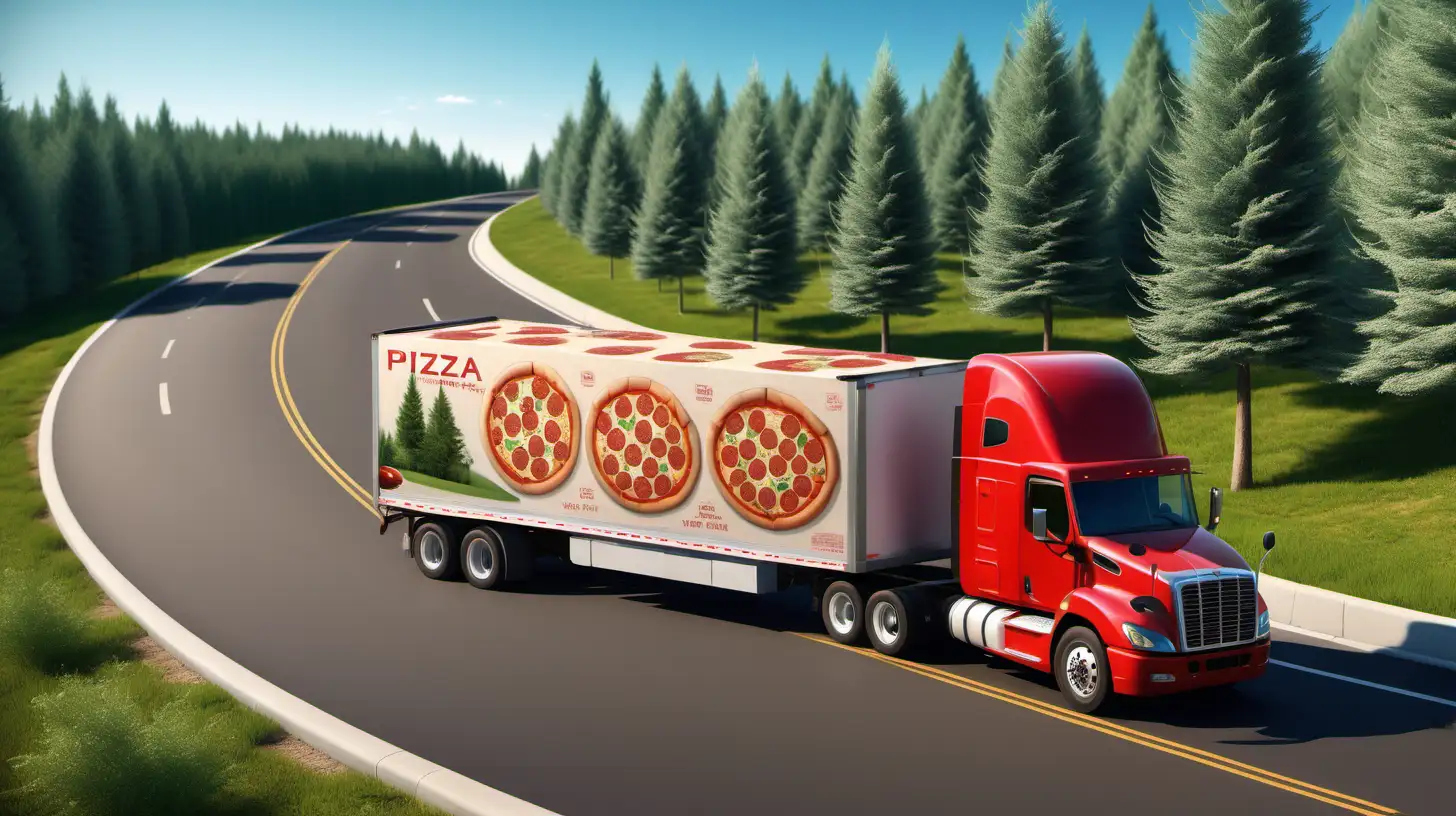 Red American truck driving on road and Curve Road and Transporting Pizza Foods Delivery, Showing from  Left Side Camera view Showing Natural Green Larch Trees and grass  rounds about, realistic 3d gmaing view, sunny blue sky
