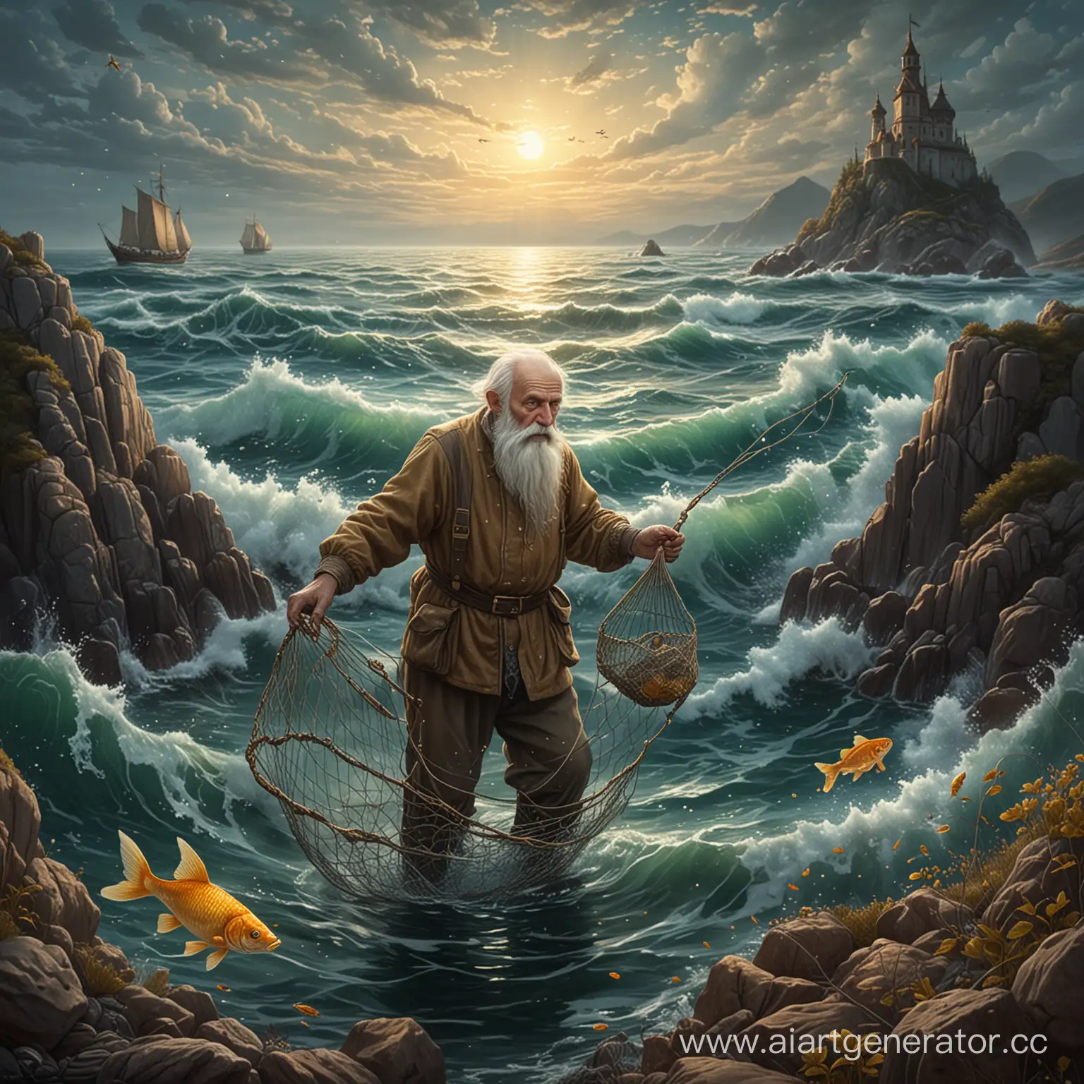 Рисунок по мотивам русской сказки, старик сетью поймал одну золотую  рыбку на фоне морской пучины, рыбка сияет чешуей. 