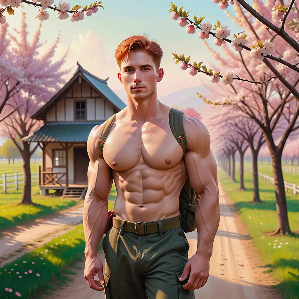 In a serene apple orchard under the golden light of dawn, a heartwarming scene unfolds. A weary but triumphant 30-year-old soldier, his short red hair glistening with sweat and his amber eyes brimming with joyful tears, stands amidst the tranquil beauty of nature. He is shirtless, revealing his gym-toned physique, adorned in sturdy army pants and a worn backpack that bears the marks of his journey.

Behind him stands a small house painted in soft shades of pink, a humble sanctuary amidst the verdant orchard. The soldier's gaze is fixed on the house, a mix of anticipation and longing evident in his expression as he approaches his long-awaited destination.

As the soldier steps closer to the familiar sight of home, the scent of apple blossoms fills the air, carrying with it the promise of reunion and the embrace of loved ones. Amidst the rustling leaves and the gentle chirping of birds, the soldier's heart swells with gratitude and love, knowing that the warmth of home awaits him just beyond the threshold.