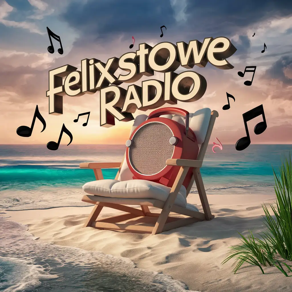 The name in 3d: "Felixstowe Radio” elegant deck chair on a beach , musical notes surrounding the chair, cartoon 3d render, cinematic, typography v0.2, illustration, cinematic, typography, 3d render “Felixstowe Radio”