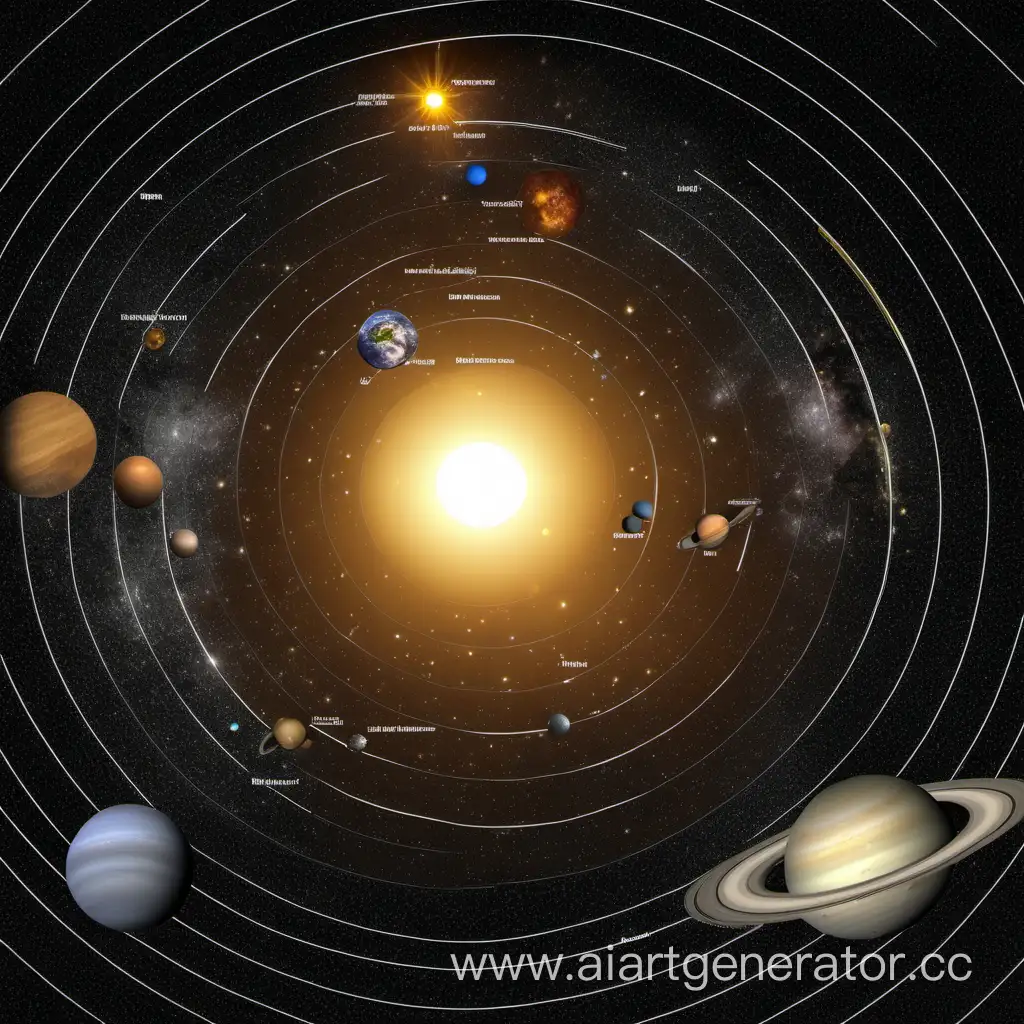 Сгенерируй картинку солнечной системы включая все известные небесные тела на данный момент