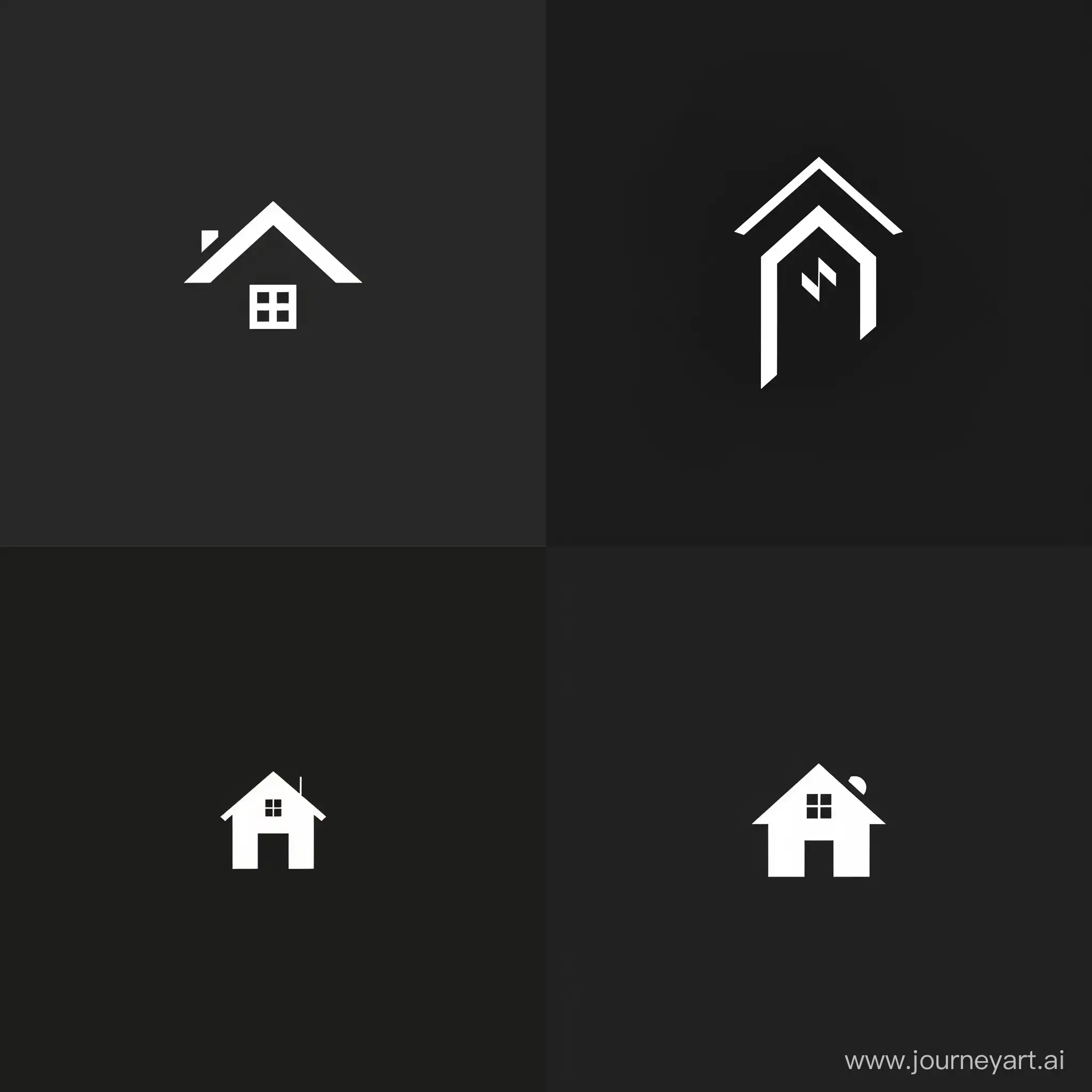 Design of minimalistic logo featuring a [house:sprout:0,5] in white on a black background
