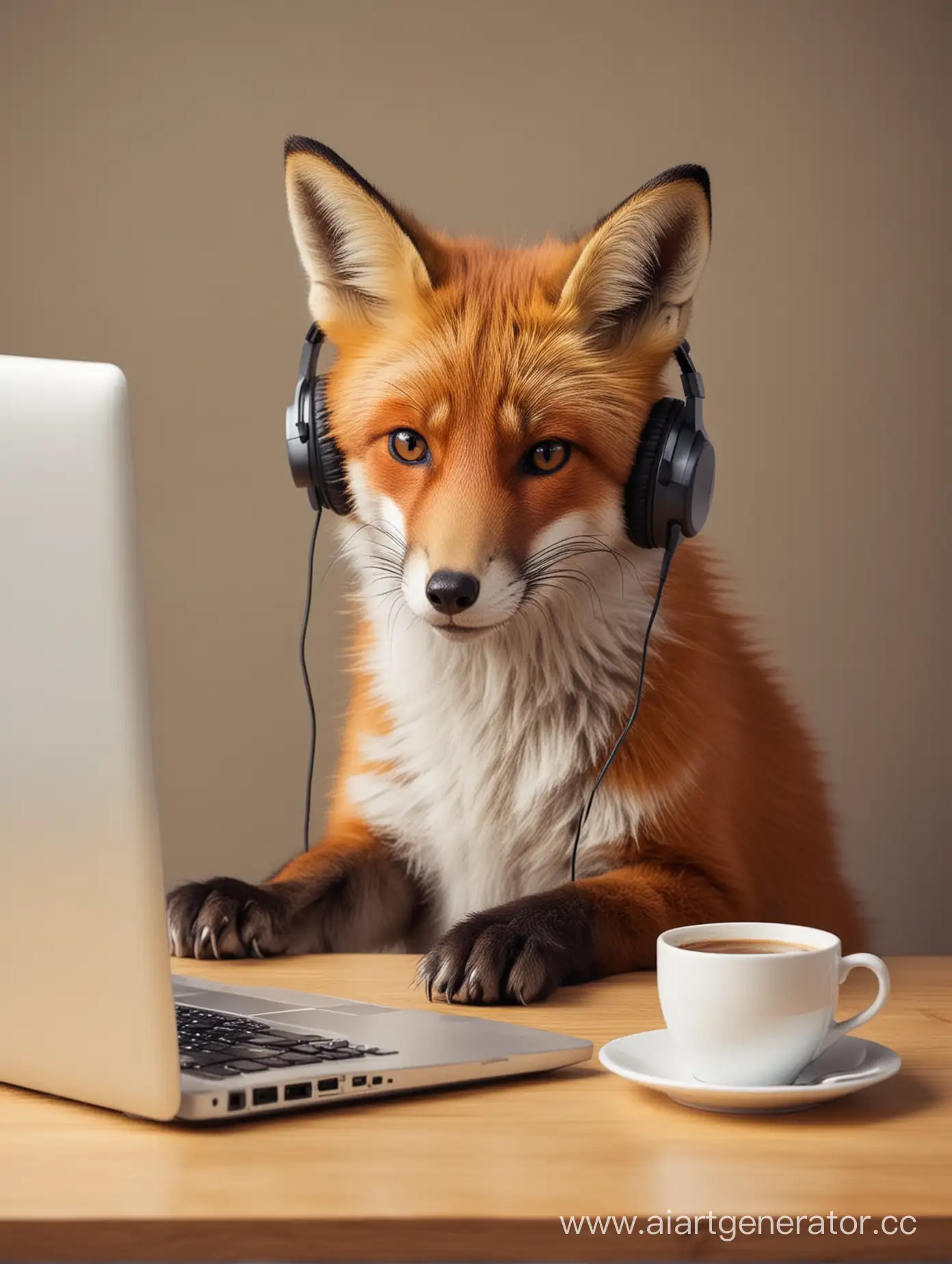 Fox-in-Headphones-Enjoying-Coffee-and-Computer-Gaming