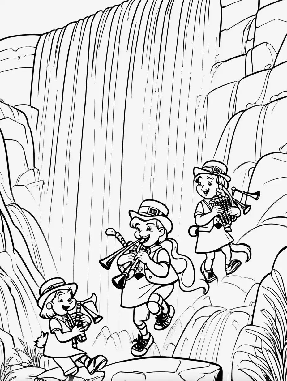 Leprechaun Kids Dancing with TRex by Waterfall Coloring Page