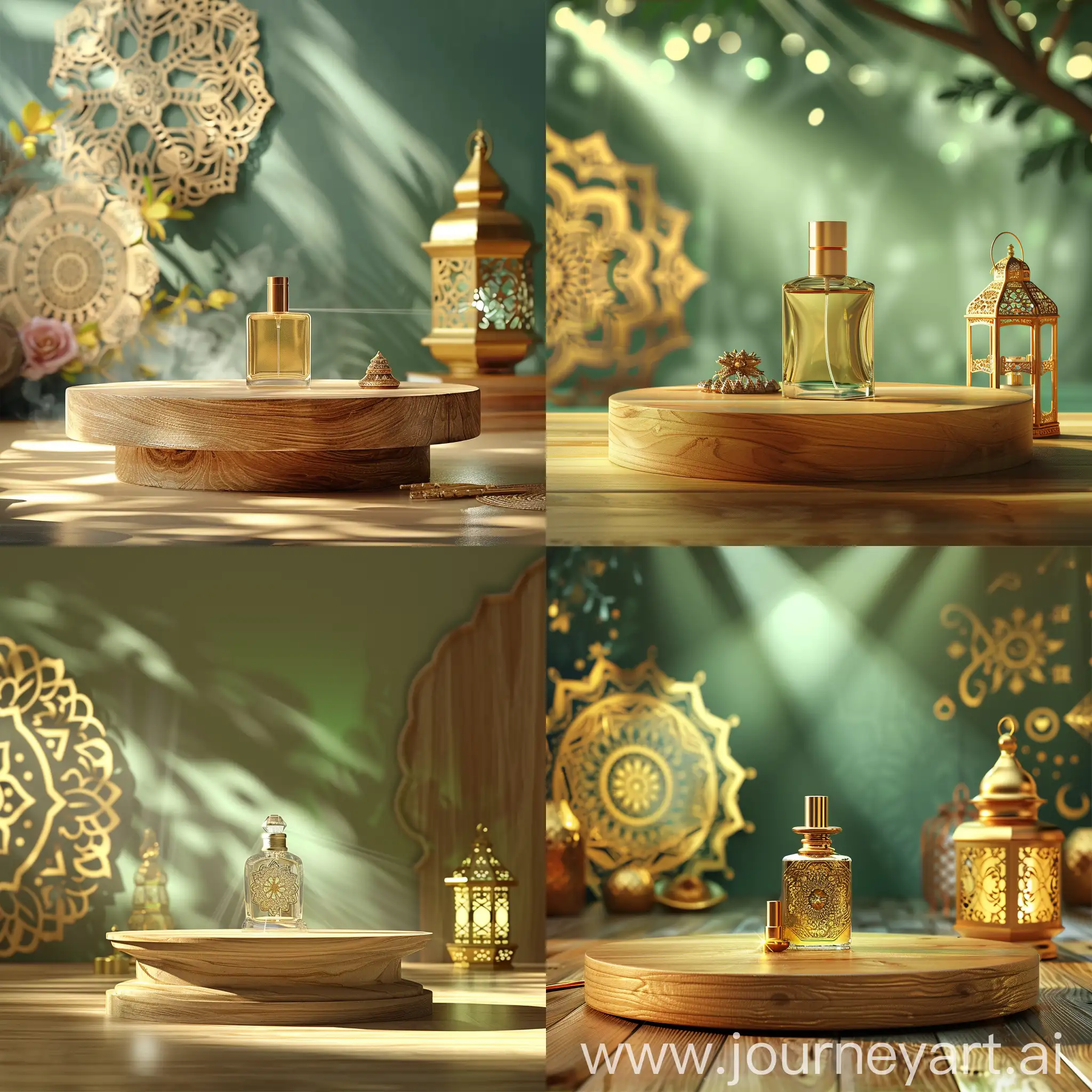 Wood podium for realistic perfume setting on table ,in background golden  mandala on the left ,on the right set golden ramadan lantern, spotlight on on podium,and soft green light in background