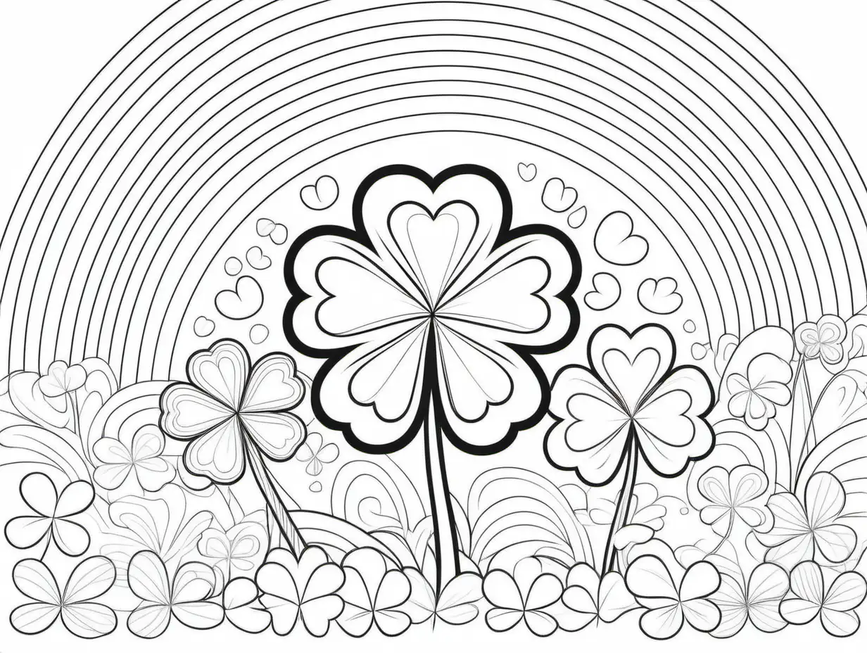 Simple Black and White Coloring Page with Lucky Charms Rainbow for Children