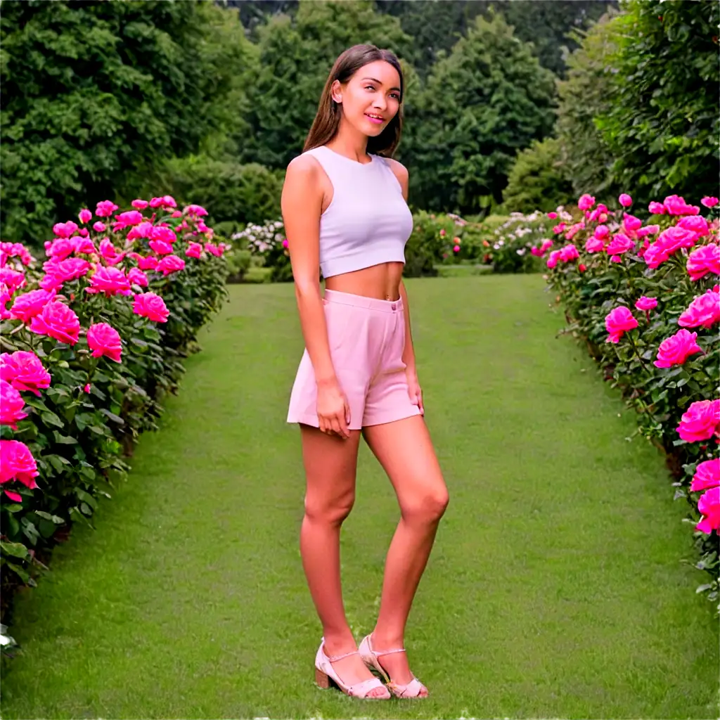 A girl is standing in rose garden