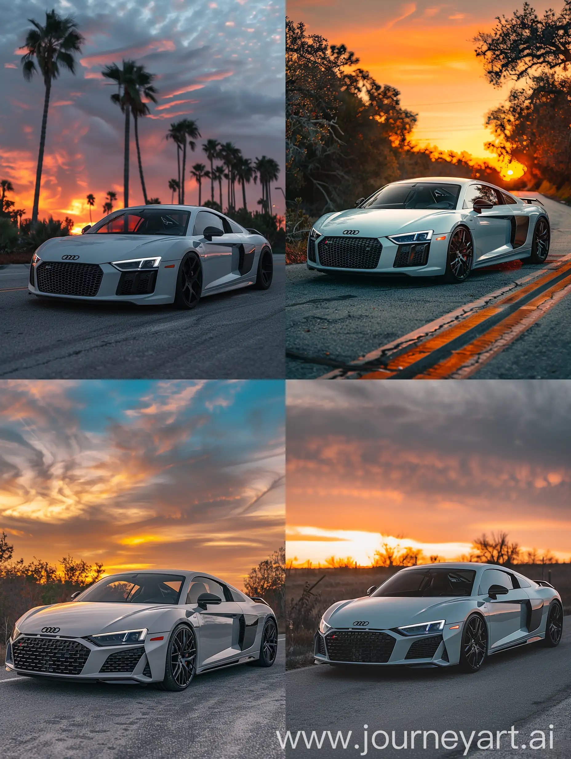 Audi r8 in mat wit nardo grijs kleurtjes gemixt wallpaper Instagram style foto 8k van Sunset op privacy wegen foto hdr detailed