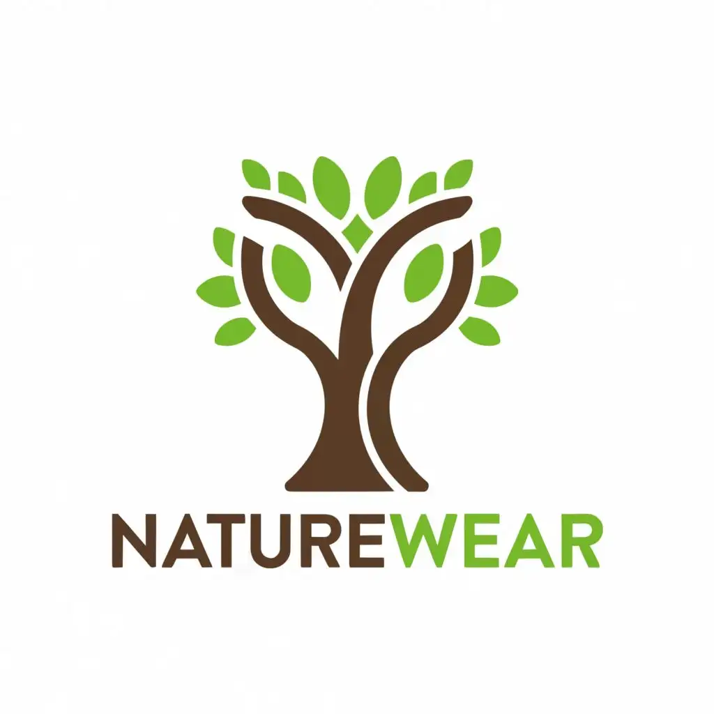 logo, The logo features a minimalist yet impactful representation of a stylized tree with intertwined branches forming the letter "N" of the brand name, "NatureWear." The tree is surrounded by a circular emblem, symbolizing unity and wholeness. The color palette is inspired by nature, with shades of green and brown, conveying a sense of sustainability and environmental consciousness., with the text "Nature Wear", typography