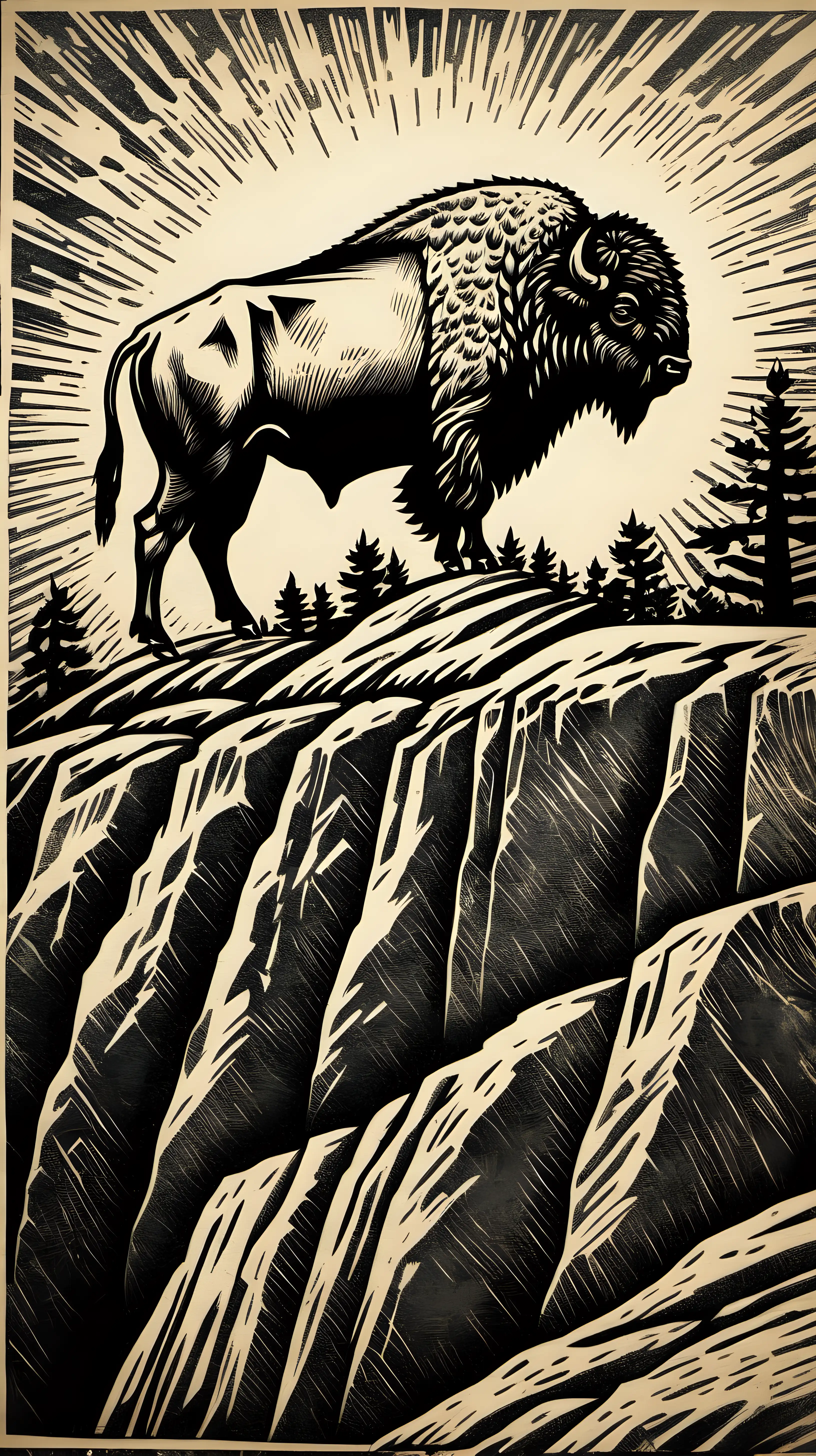 Block print bison on cliff