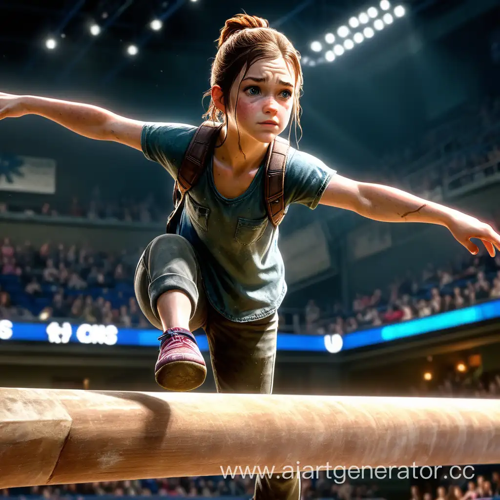 ellie from the last of us on a balance beam during a gymnastics competition
