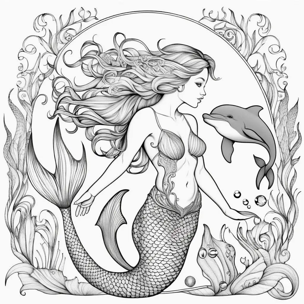 Relaxing Mermaid and Dolphin Adult Coloring Page