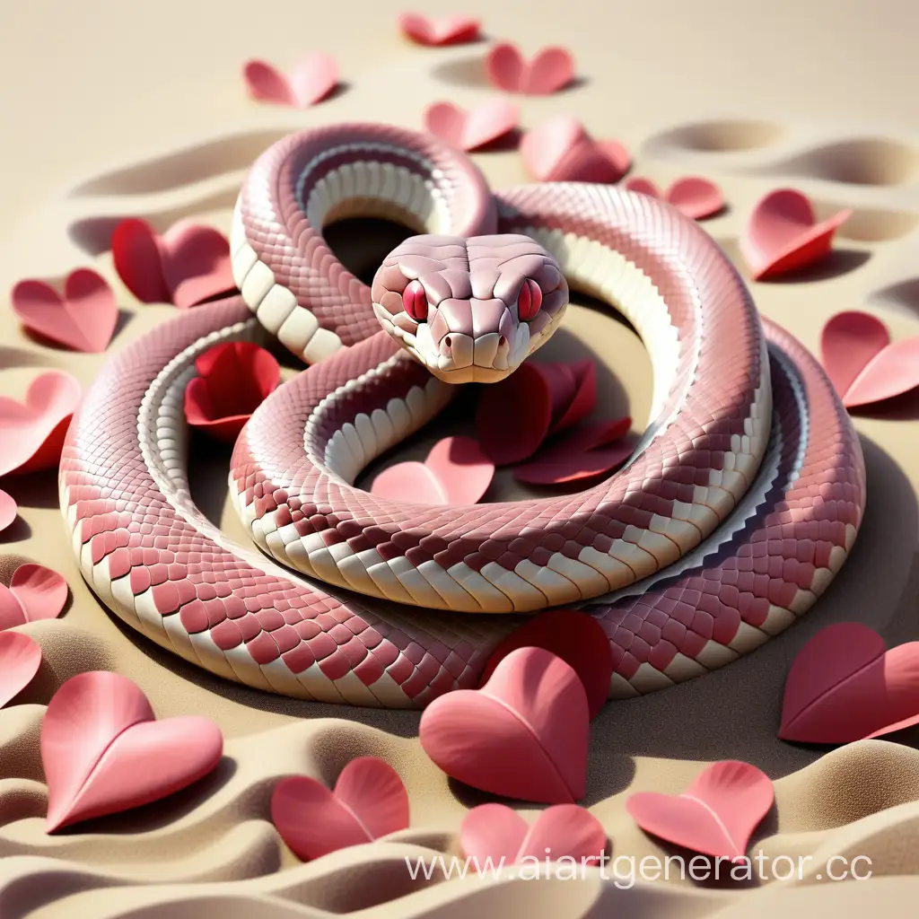 большой змей песочного цвета похожий на удава в любовных сердечках и лепестках роз