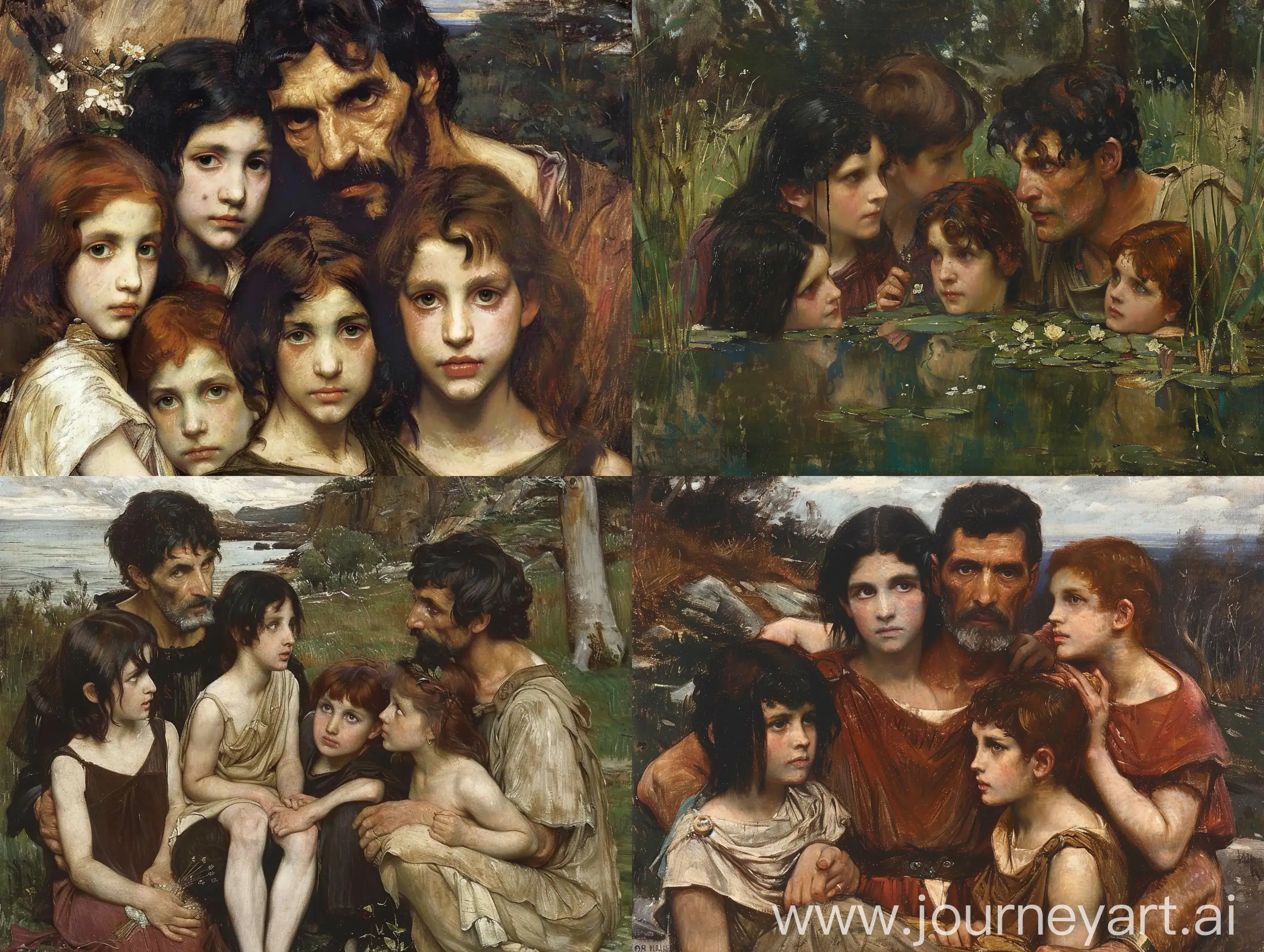 A John William Waterhouse painting of Greek mythology. It Shows Agamemnon with his for children. His oldest two, the Iphigenie and Chrysothemis, have Black hair, the younger ones, Electra and Orestes, have ruddish brown hair like their father Agamemnon.