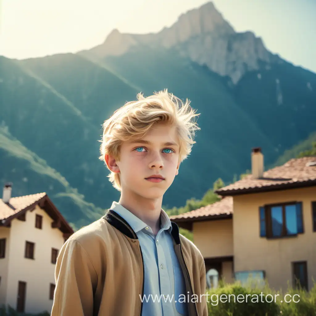 Мальчик подросток с голубыми глазами и блондинистыми волосами, светлыми. В полный рост. На заднем плане дом и горы. . Похож на маленького принца. 