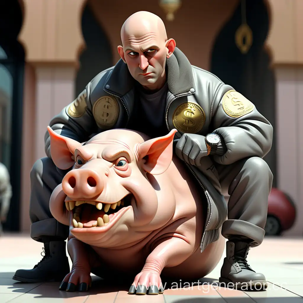 A weak man Bald is sitting on a huge hog wearing a jacket with the inscription GlavBorov and dollar On the floor Behind dubai