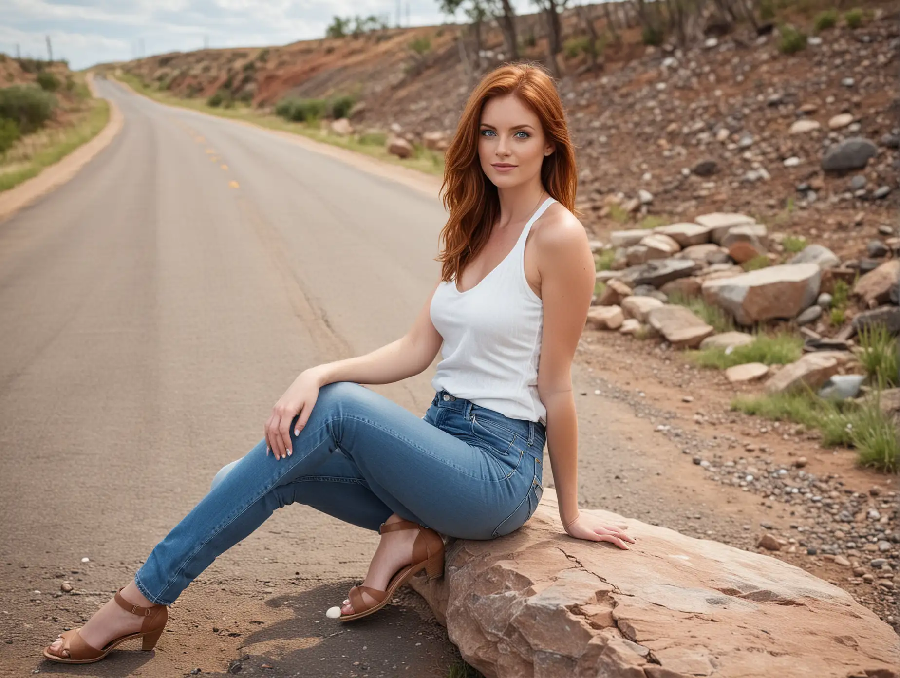 29 year old woman,auburn hair ,blue eyes,jeans,halter top,sitting on rock,near country road ,full figure,low heeled shoes,road in background