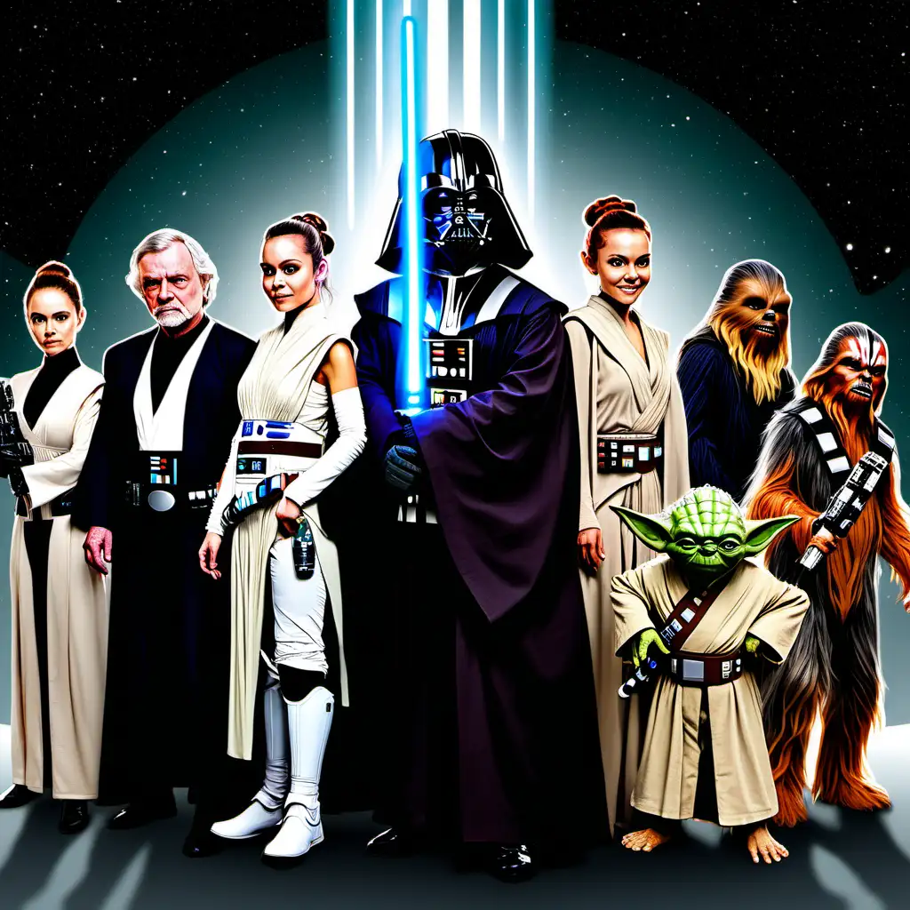 "Create a Star Wars movie poster featuring Yoda, Darth Sidious, Skywalker, Darth Vader, Obi-Wan Kenobi, Chewbacca, Ahsoka, and Padmé Amidala. It should be a fun group photo with a light background in the style of Star Wars."