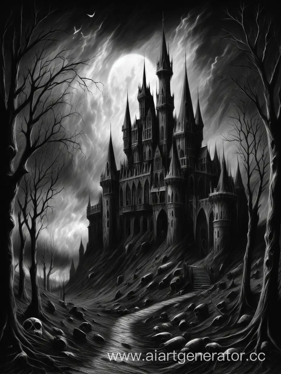 Мрачный черно-белый готический пейзаж с готическим замком