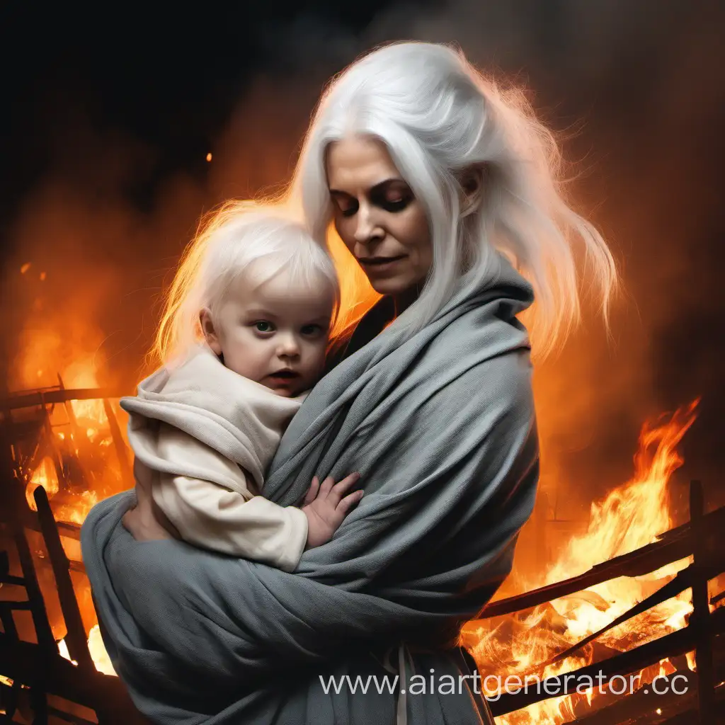 Девушка с белыми волосами держит на руках младенца(малыш укутан в одеяло) а вокруг пожар