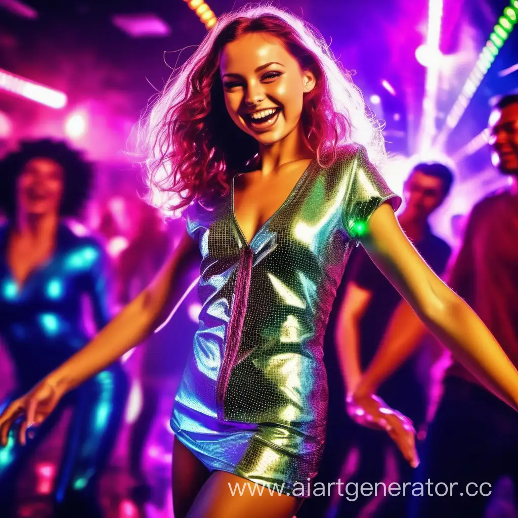 Девушка в ярком блестящем костюме диско улыбается и танцует в клубе, пока на заднем фоне люди яростно дерутся