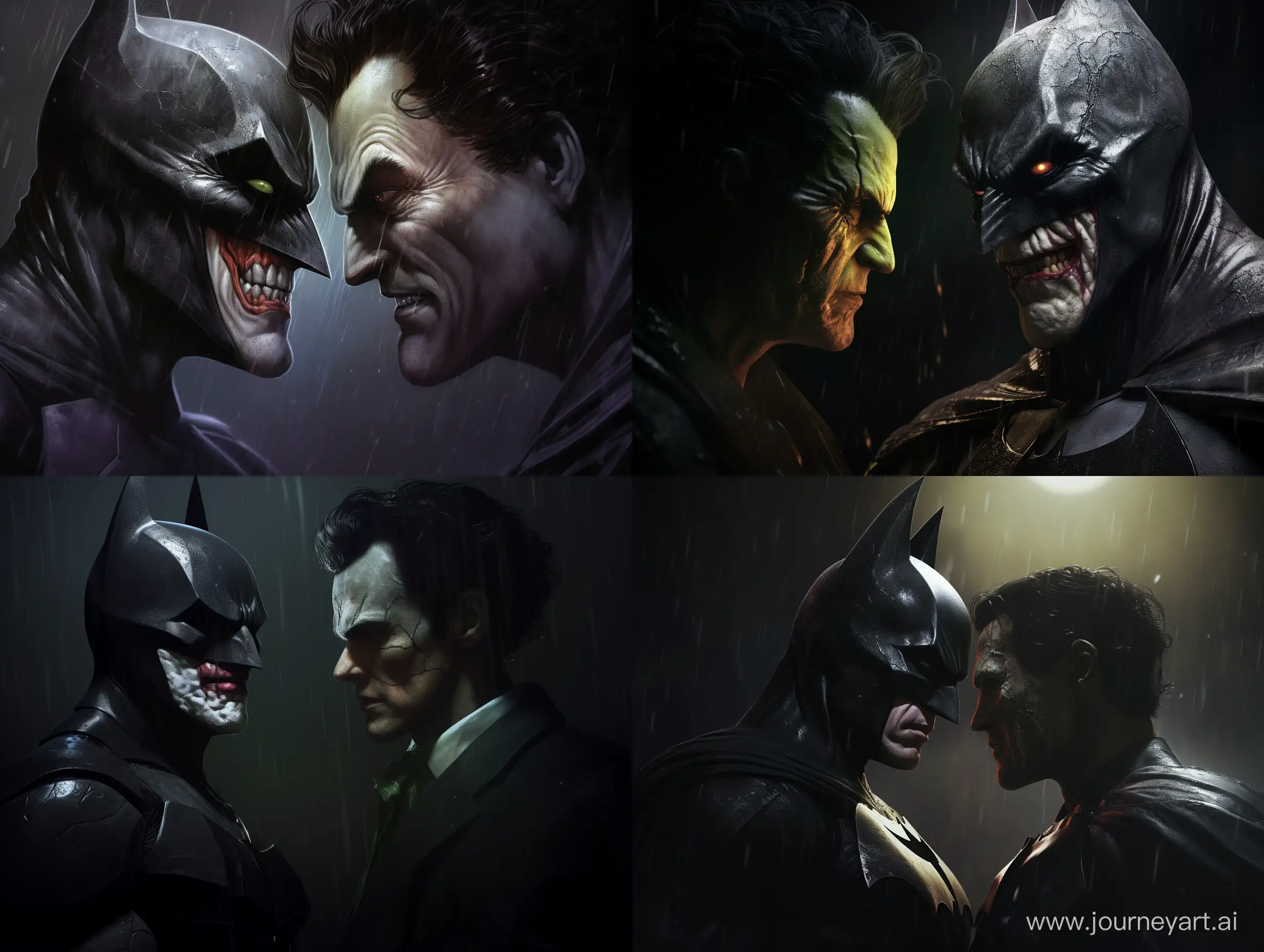 Batman et le joker en gros plan, face a face. Dans une décor sombre de l'univers DC comics