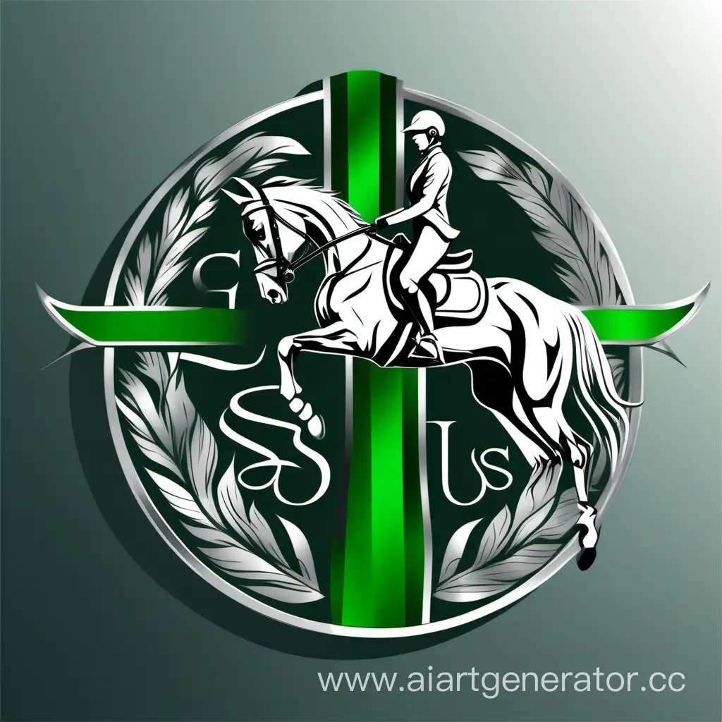 Эмблема организации конных соревнования, отражающий три дисциплины конного спорта (конкур, выездка, кросс) в серых и ярко-зеленых тонах