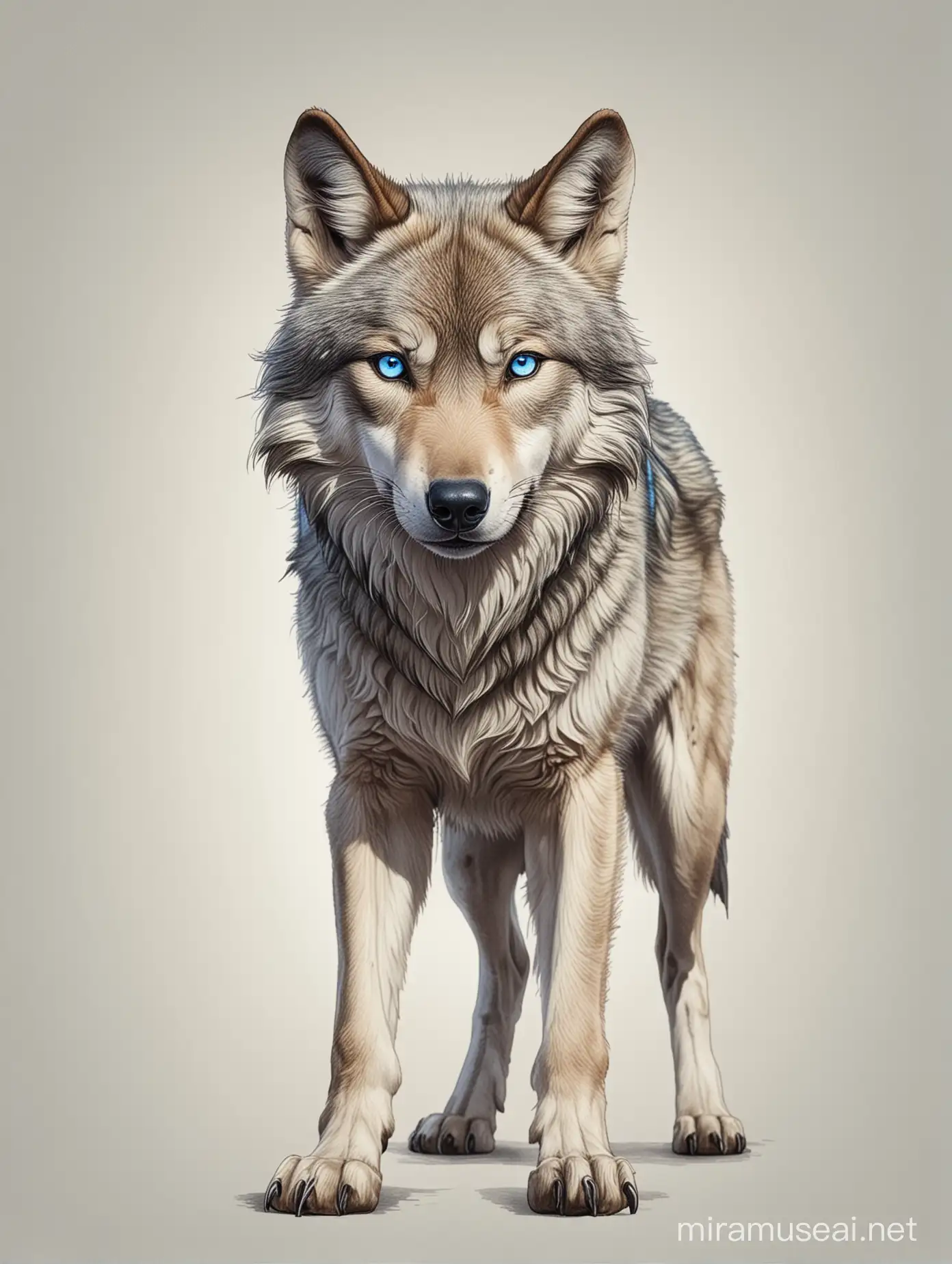 wolf full body with blue eyes, the style is old drawing, background is white